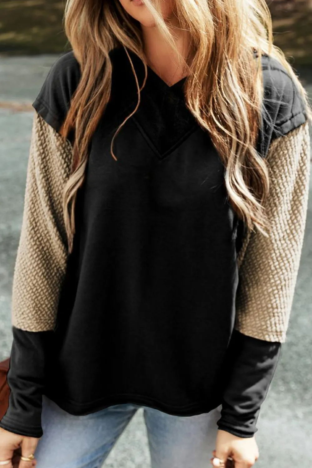 Hot Dear-Lover Contrast Sleeves Patchwork Colorblock Hoodie Black