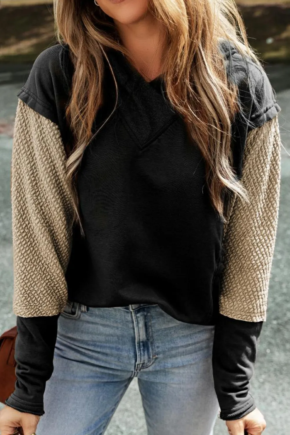 Hot Dear-Lover Contrast Sleeves Patchwork Colorblock Hoodie Black