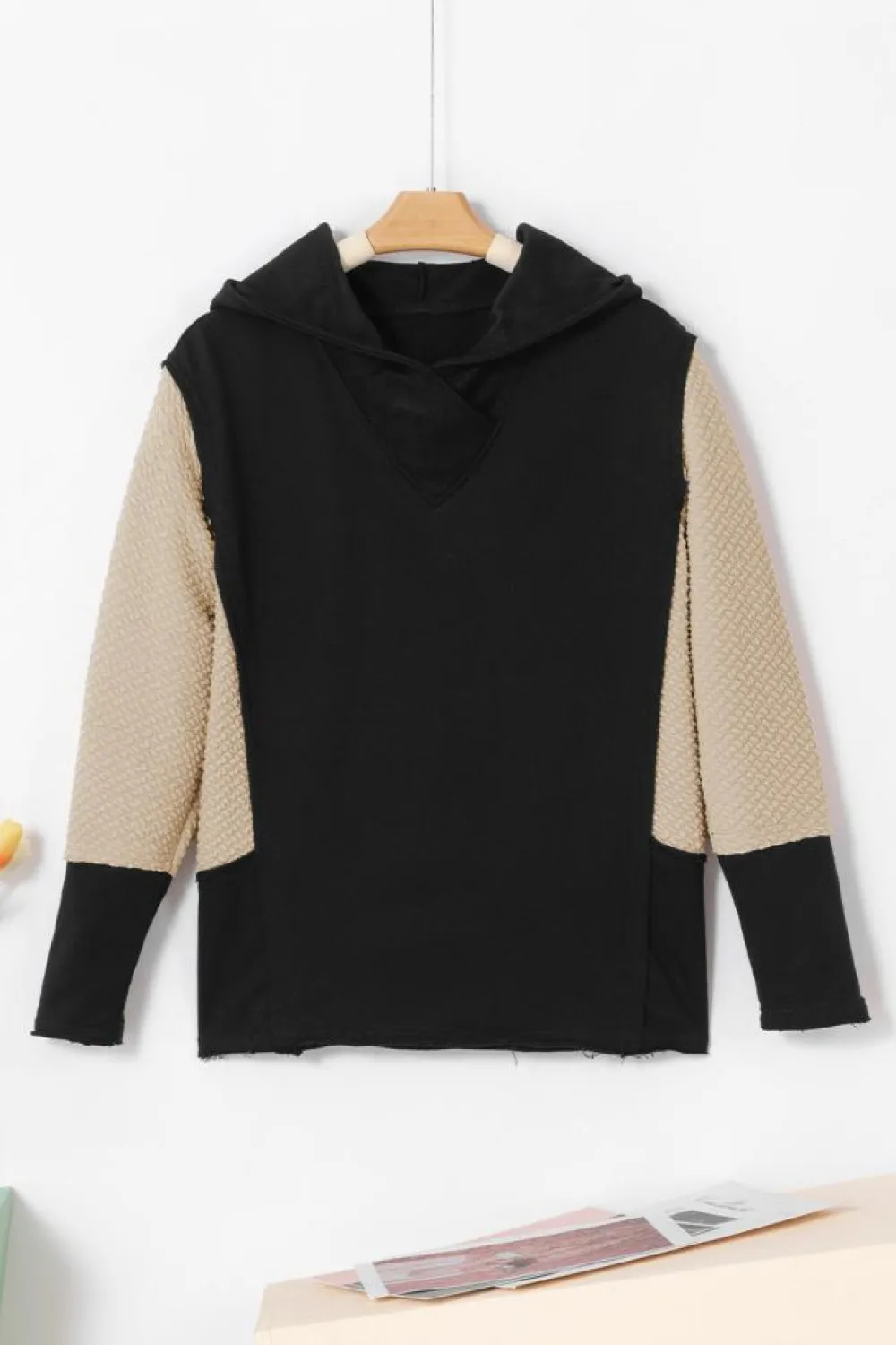 Hot Dear-Lover Contrast Sleeves Patchwork Colorblock Hoodie Black
