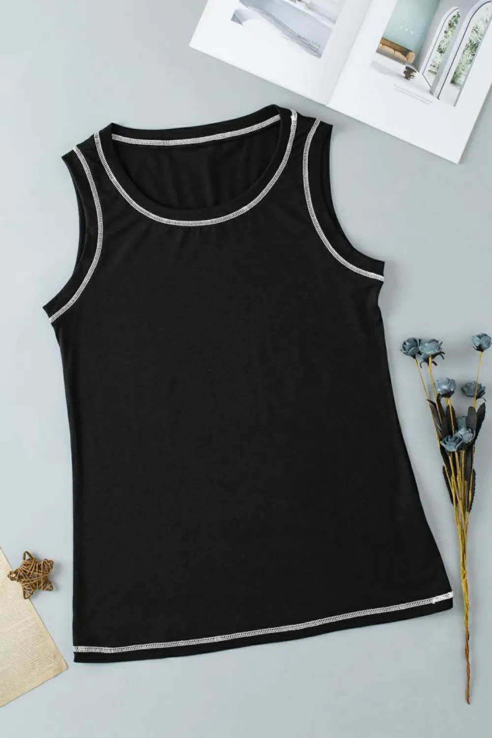 Discount Dear-Lover Contrast Stitch Round Neck Sleeveless Top Black