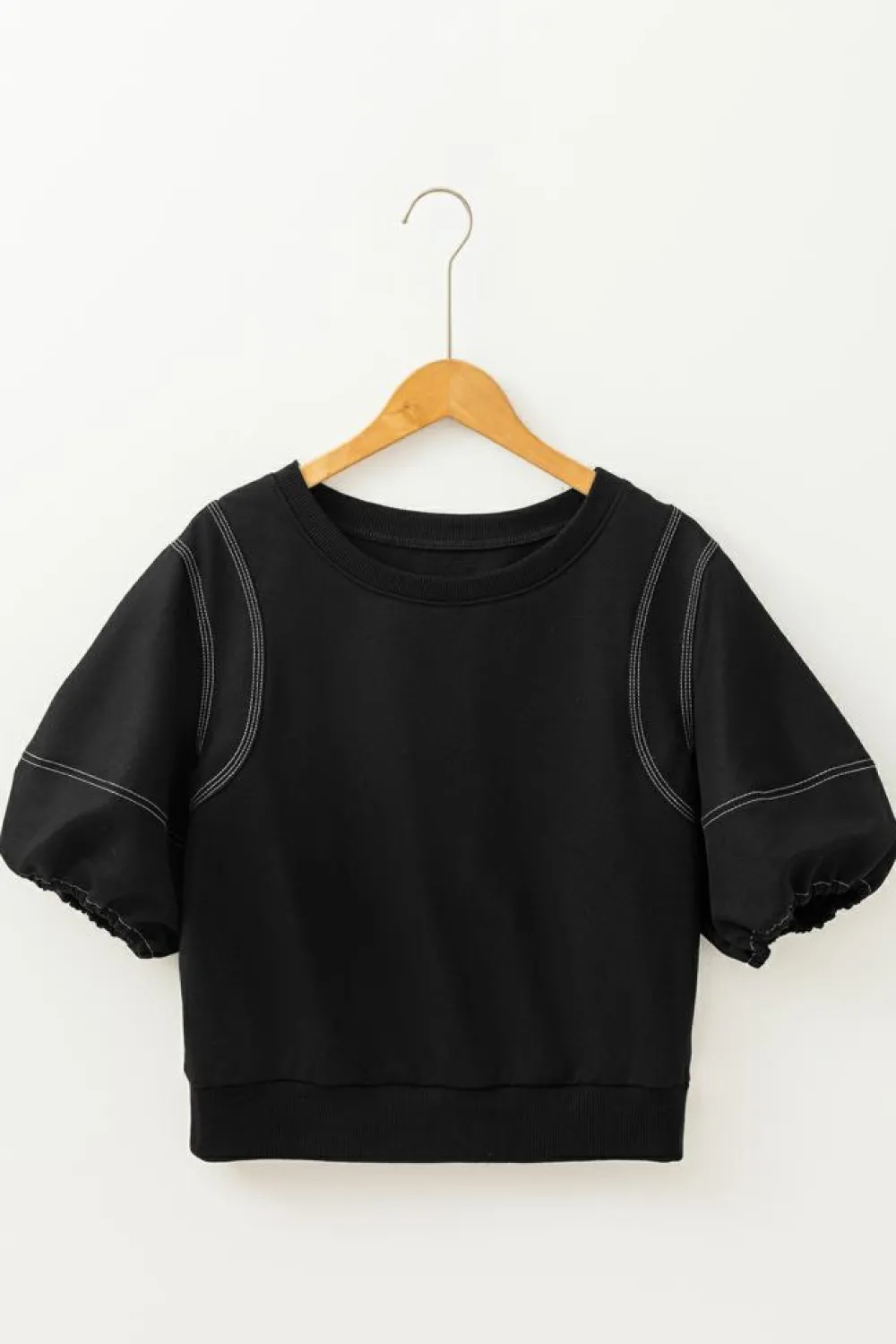 Hot Dear-Lover Contrast Stitches Detail Puffy Half Sleeve Blouse Black