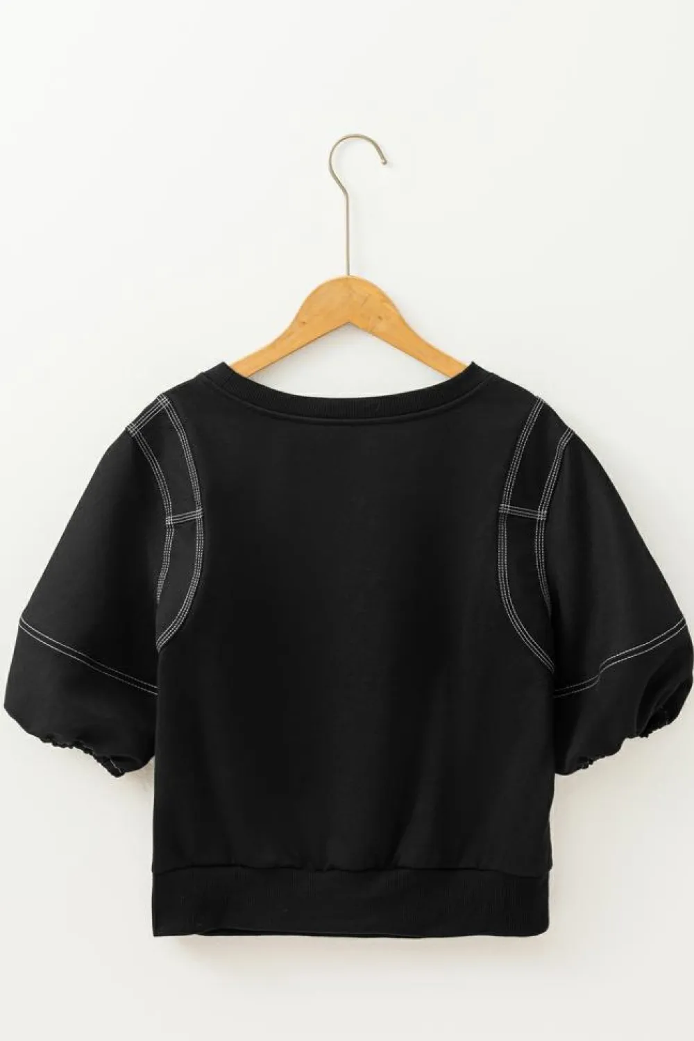 Hot Dear-Lover Contrast Stitches Detail Puffy Half Sleeve Blouse Black