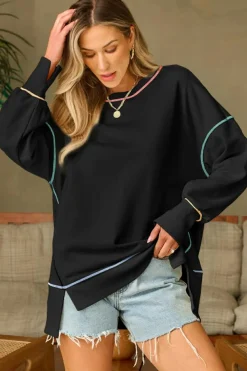 Clearance Dear-Lover Contrast Stitching Split Baggy Sweatshirt Black