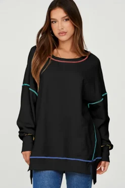 Clearance Dear-Lover Contrast Stitching Split Baggy Sweatshirt Black