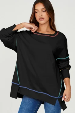 Clearance Dear-Lover Contrast Stitching Split Baggy Sweatshirt Black