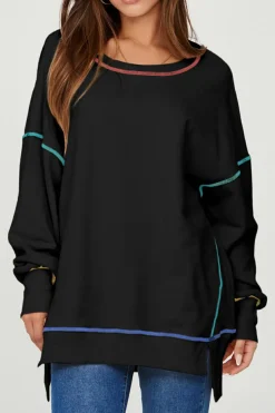 Clearance Dear-Lover Contrast Stitching Split Baggy Sweatshirt Black
