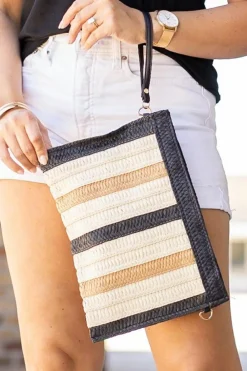 Fashion Dear-Lover Contrast Striped Straw Woven Shoulder Bag Black