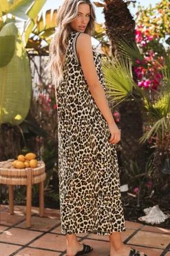Outlet Dear-Lover Contrast Striped Trim Leopard Sleeveless Maxi Dress Black