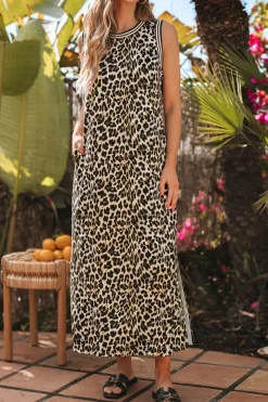 Outlet Dear-Lover Contrast Striped Trim Leopard Sleeveless Maxi Dress Black
