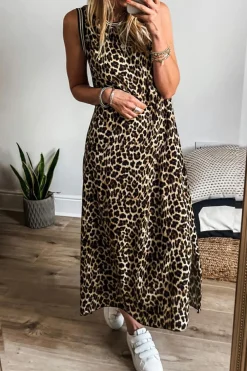 Outlet Dear-Lover Contrast Striped Trim Leopard Sleeveless Maxi Dress Black