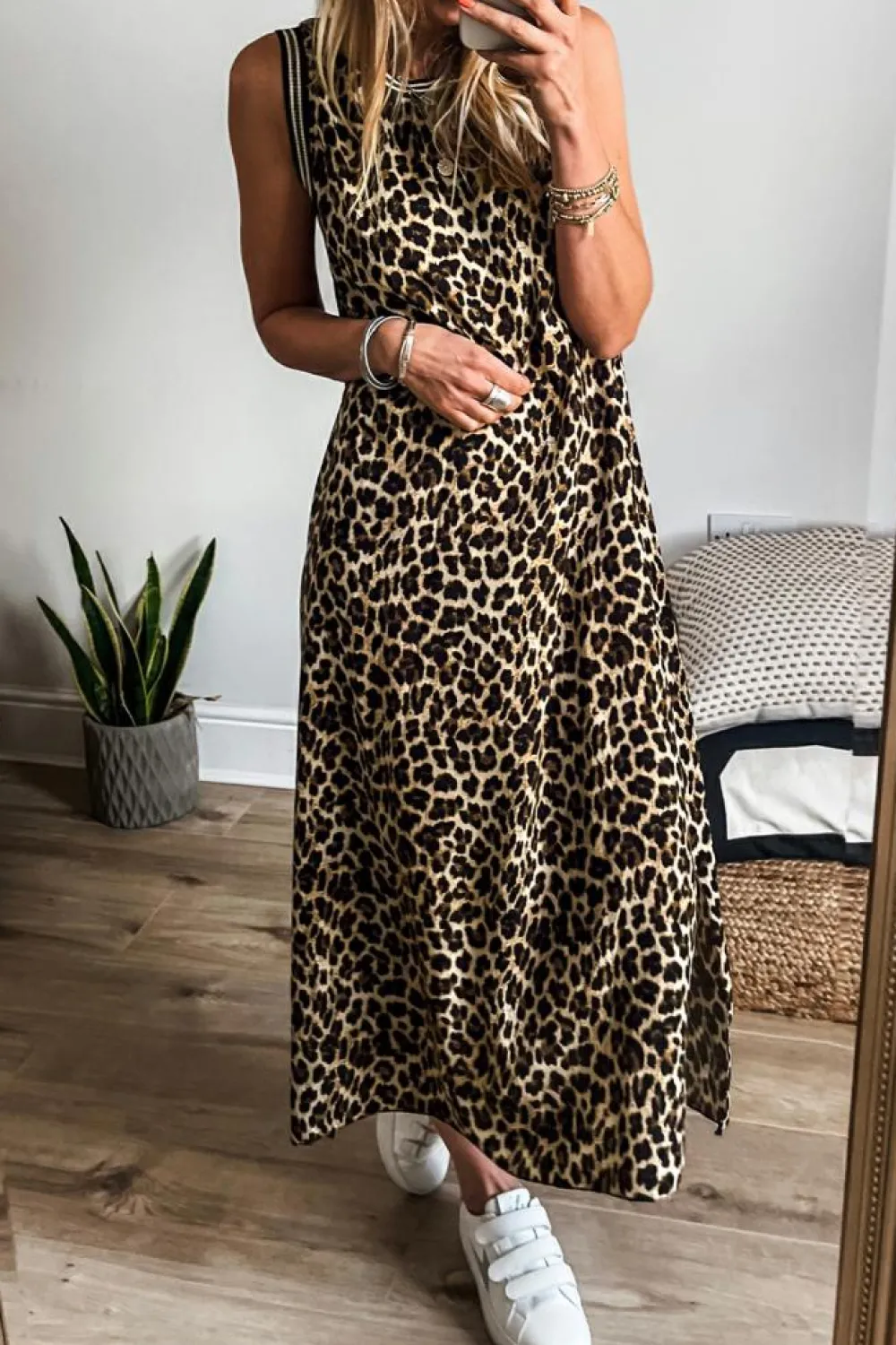 Outlet Dear-Lover Contrast Striped Trim Leopard Sleeveless Maxi Dress Black