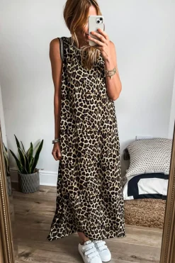 Outlet Dear-Lover Contrast Striped Trim Leopard Sleeveless Maxi Dress Black