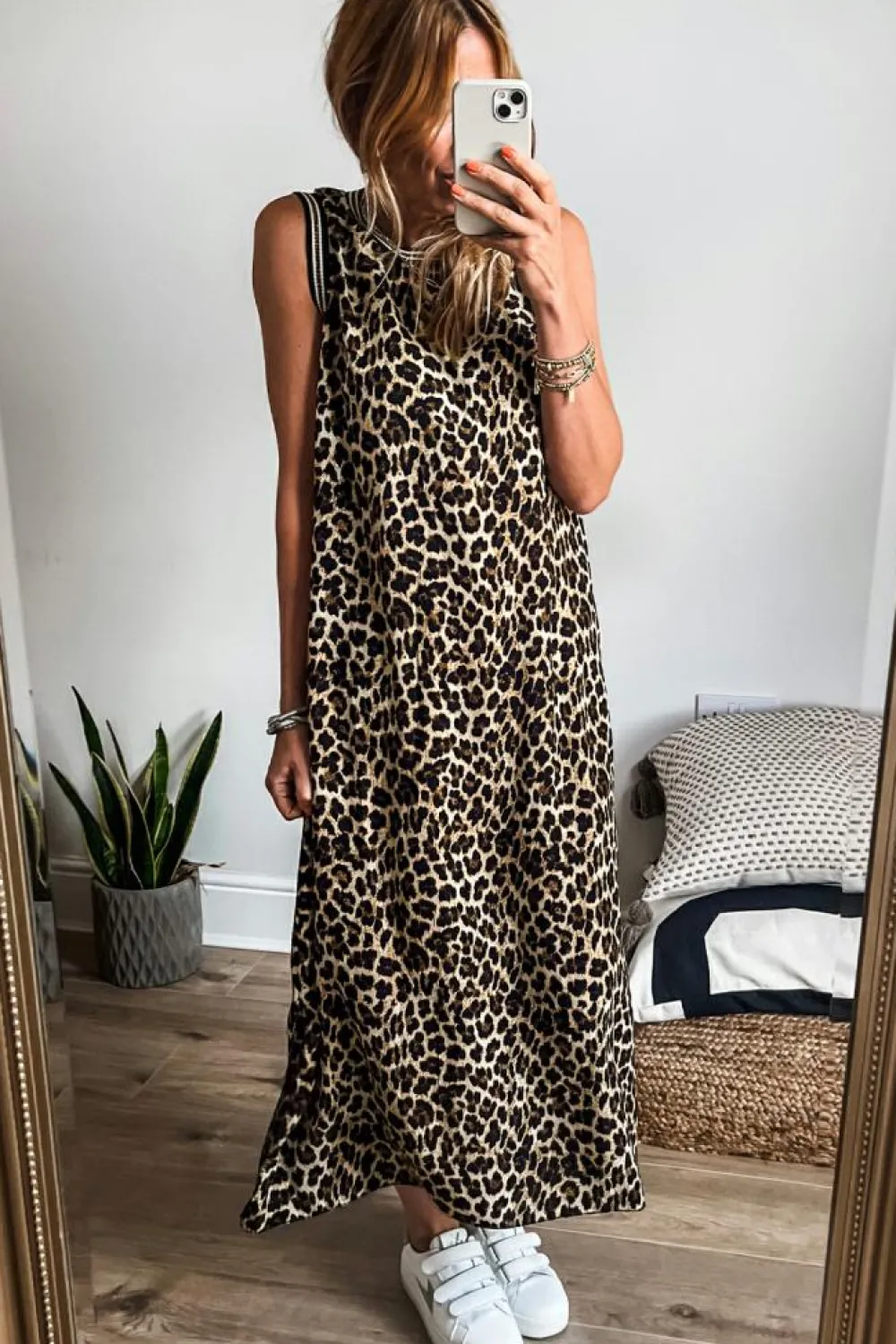 Outlet Dear-Lover Contrast Striped Trim Leopard Sleeveless Maxi Dress Black