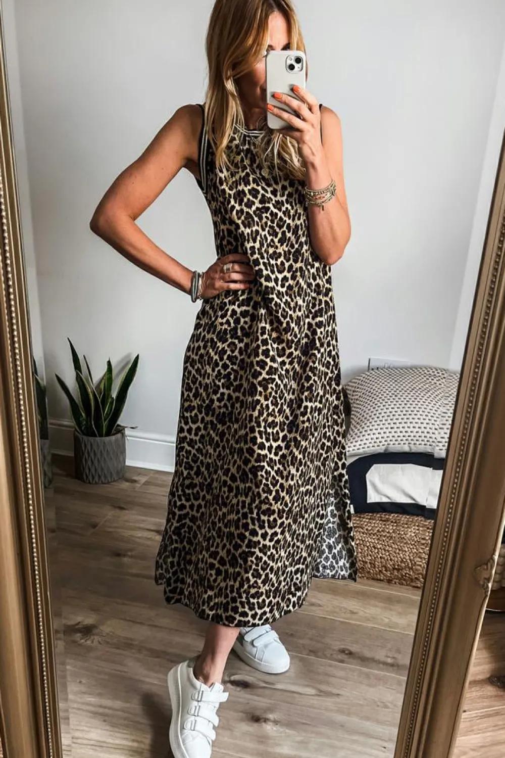 Outlet Dear-Lover Contrast Striped Trim Leopard Sleeveless Maxi Dress Black