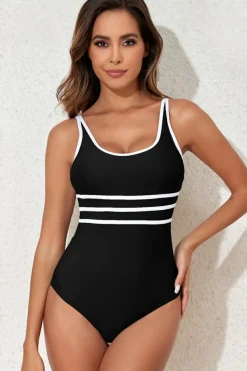 Clearance Dear-Lover Contrast Trim Colorblock U Neck One Piece Swimwear Black