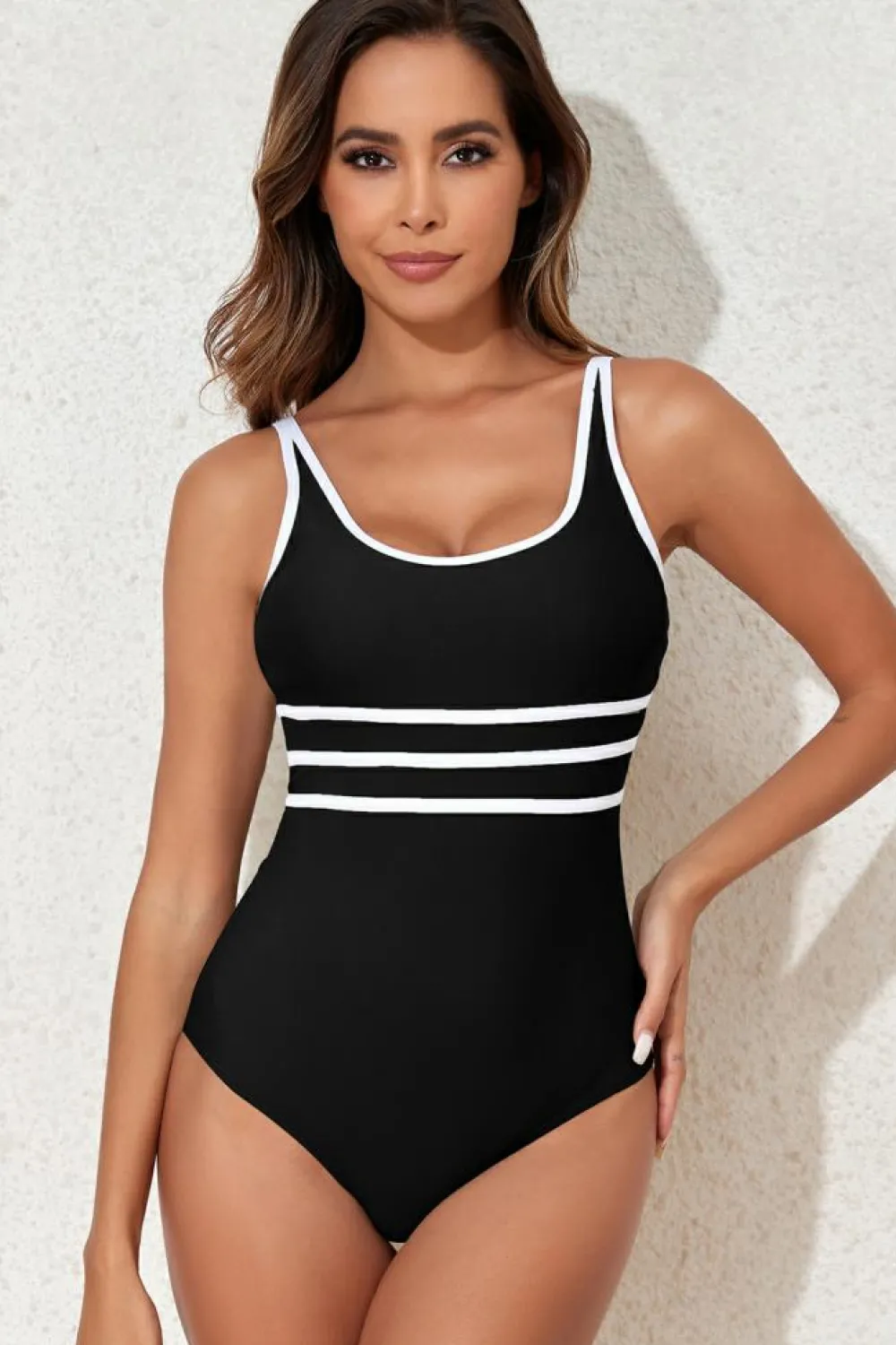 Clearance Dear-Lover Contrast Trim Colorblock U Neck One Piece Swimwear Black