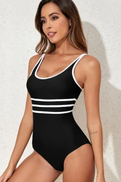 Clearance Dear-Lover Contrast Trim Colorblock U Neck One Piece Swimwear Black
