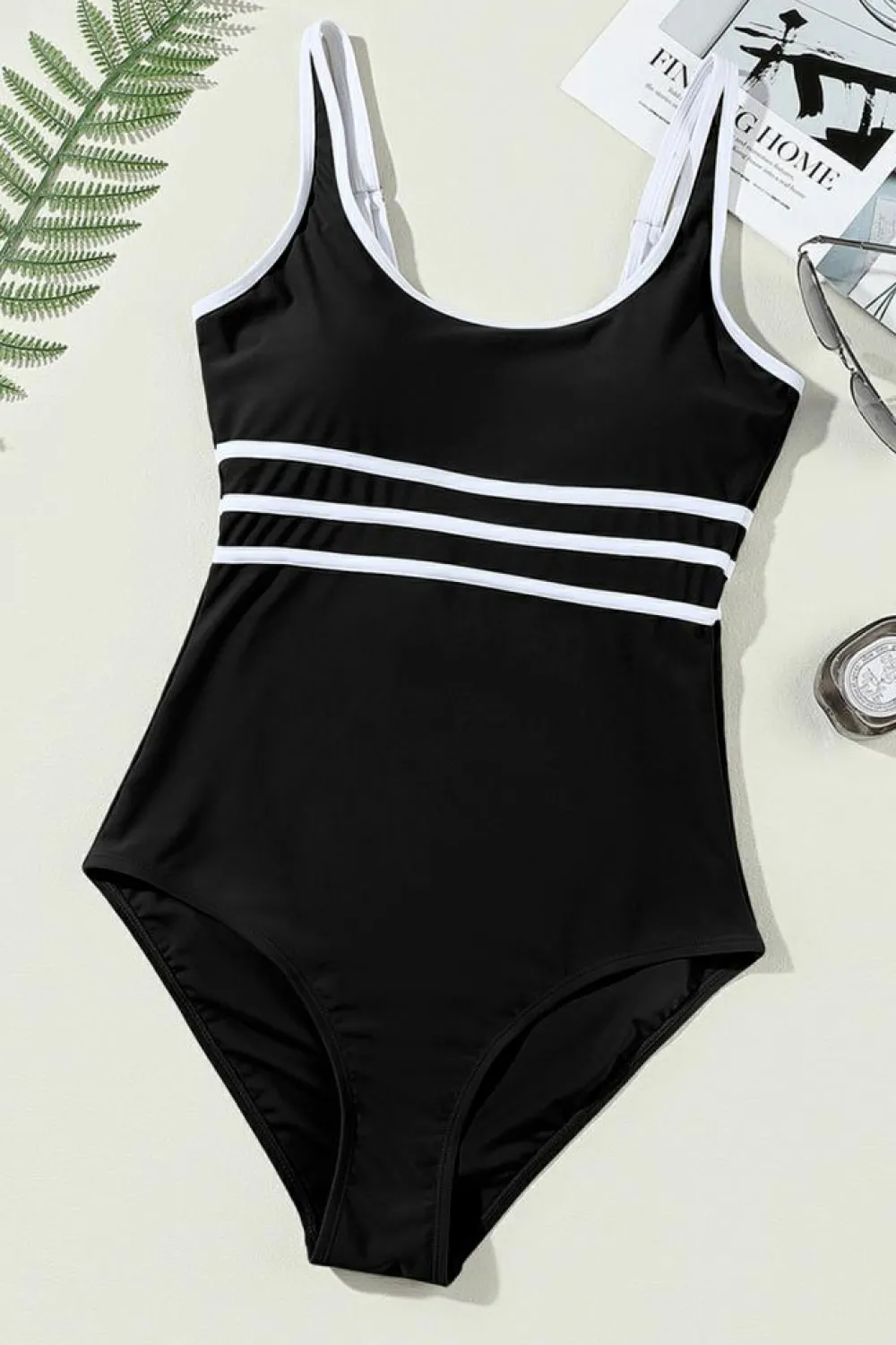 Clearance Dear-Lover Contrast Trim Colorblock U Neck One Piece Swimwear Black
