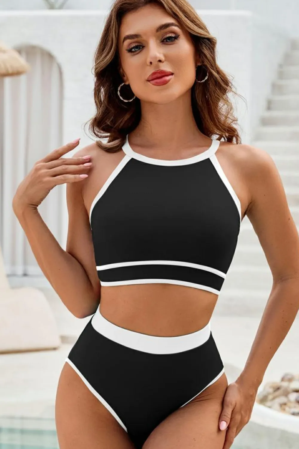 Sale Dear-Lover Contrast Trim Crisscross Back High Waisted Bikini Black