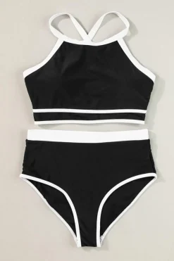 Sale Dear-Lover Contrast Trim Crisscross Back High Waisted Bikini Black