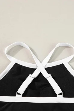 Sale Dear-Lover Contrast Trim Crisscross Back High Waisted Bikini Black