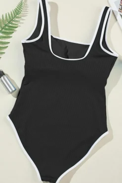 Fashion Dear-Lover Contrast Trim Ribbed Knit Sleeveless One Piece Swimsuit Black