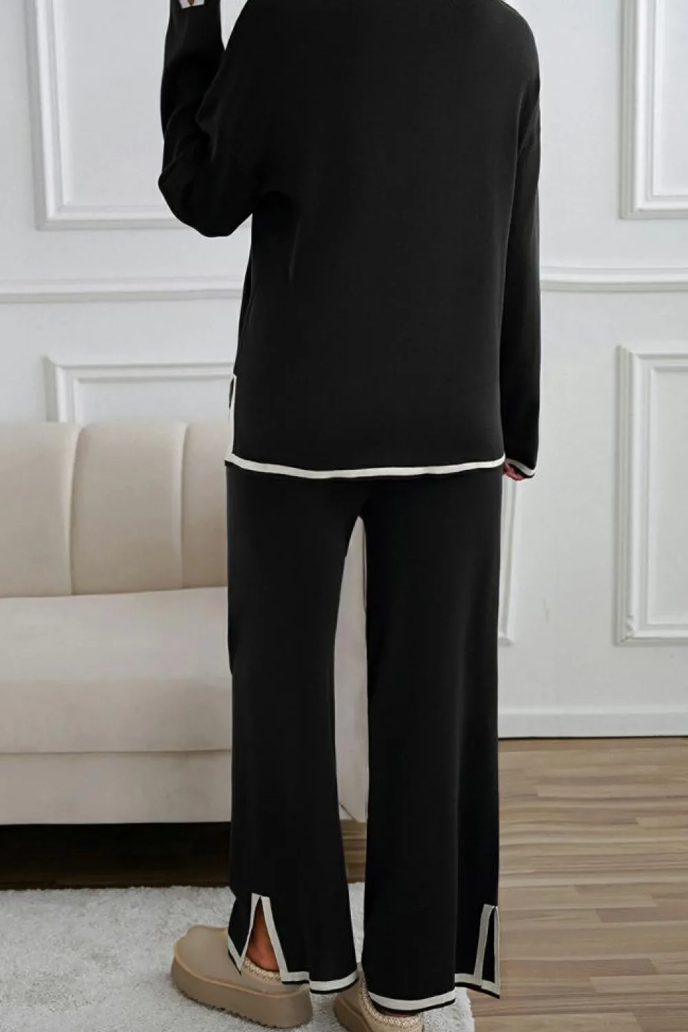 Clearance Dear-Lover Contrast Trim Split Cuffs Long 2pcs Sweater Outfit Loungewear Black