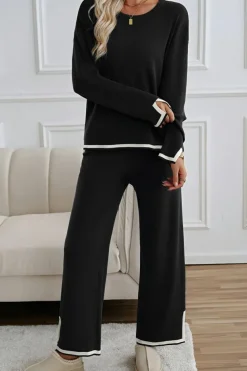 Clearance Dear-Lover Contrast Trim Split Cuffs Long 2pcs Sweater Outfit Loungewear Black