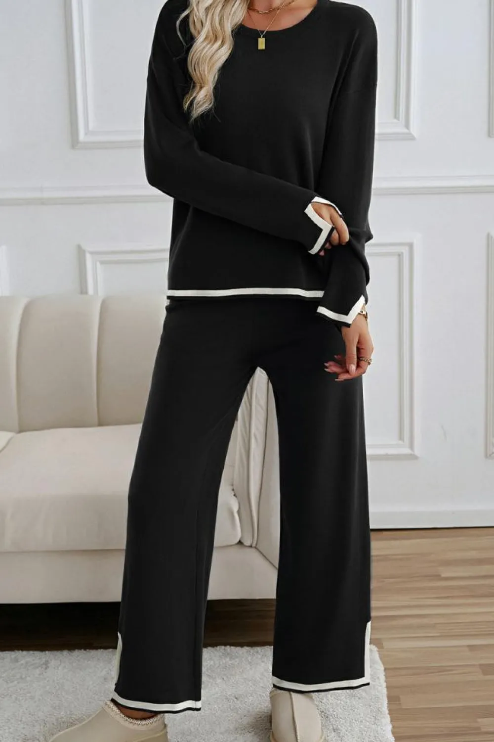 Clearance Dear-Lover Contrast Trim Split Cuffs Long 2pcs Sweater Outfit Loungewear Black