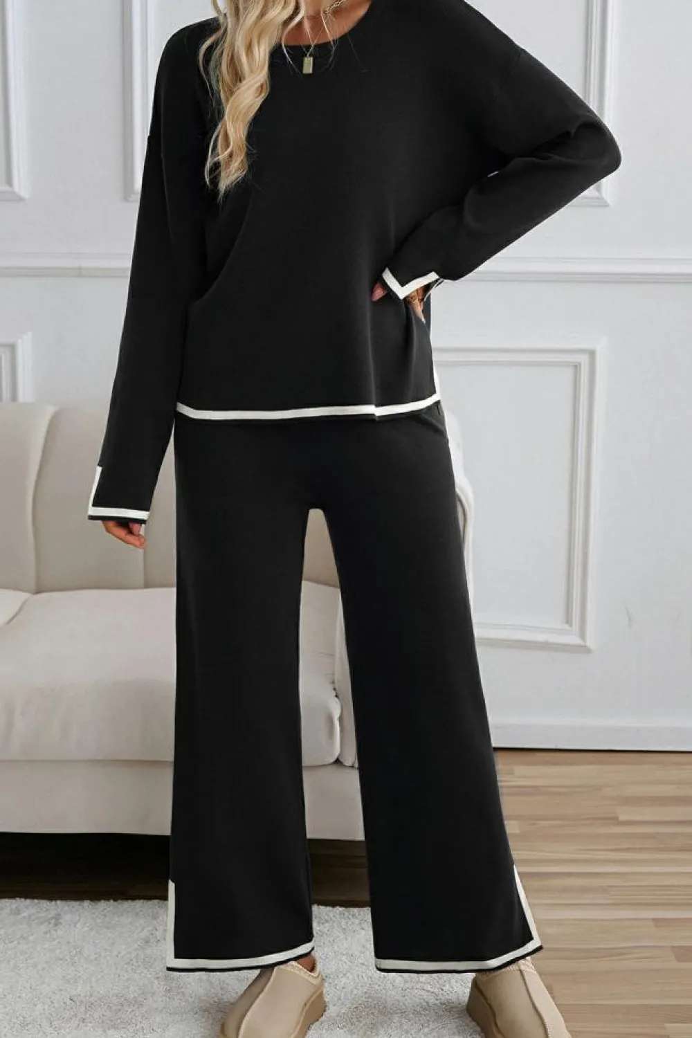 Clearance Dear-Lover Contrast Trim Split Cuffs Long 2pcs Sweater Outfit Loungewear Black