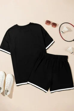 Sale Dear-Lover Contrast Trim Tee and Shorts Set Black