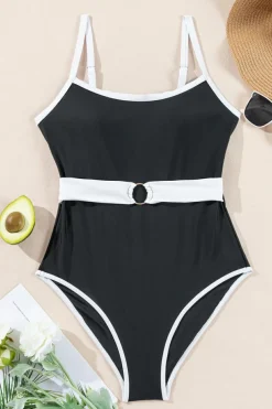 Outlet Dear-Lover Contrast Trim Two Tone Belted One Piece Swimsuit Black