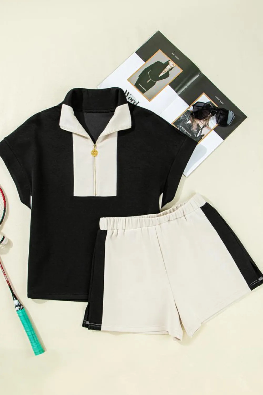 Clearance Dear-Lover Contrast Zipped Stand Collared T Shirt and Short Set Black