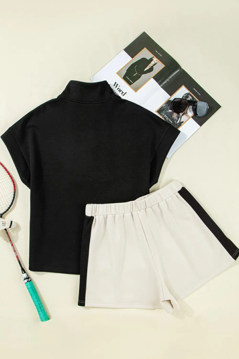 Clearance Dear-Lover Contrast Zipped Stand Collared T Shirt and Short Set Black