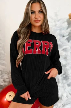 Hot Dear-Lover Corded MERRY Graphic Long Sleeve Top and Shorts Set Black