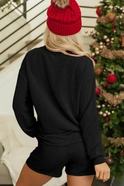 Hot Dear-Lover Corded MERRY Graphic Long Sleeve Top and Shorts Set Black