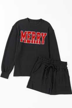 Hot Dear-Lover Corded MERRY Graphic Long Sleeve Top and Shorts Set Black