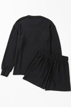 Hot Dear-Lover Corded MERRY Graphic Long Sleeve Top and Shorts Set Black