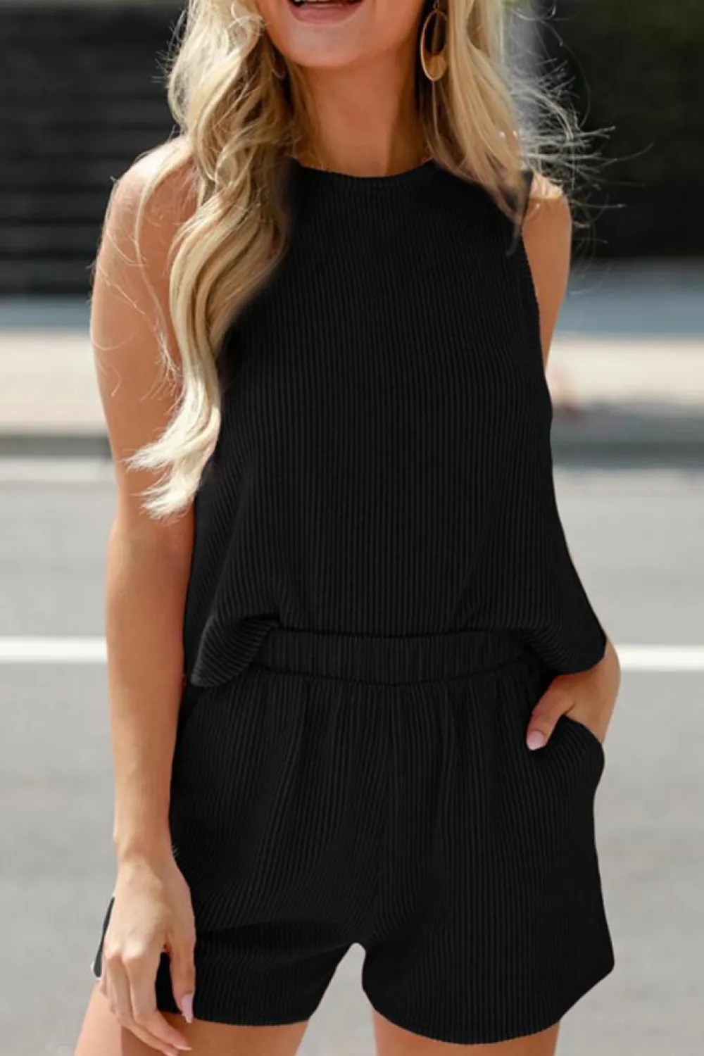 Discount Dear-Lover Corded Sleeveless Top and Pocketed Shorts Set Black