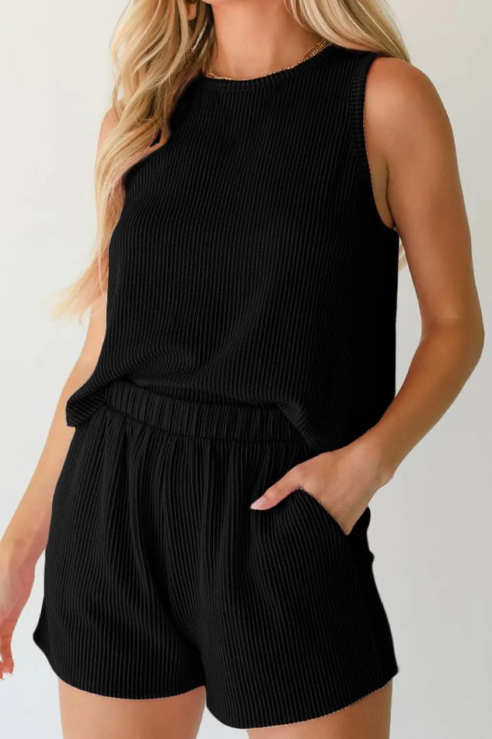 Discount Dear-Lover Corded Sleeveless Top and Pocketed Shorts Set Black