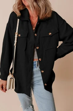 Online Dear-Lover Corduroy Flap Pocket Button Up Shacket Black
