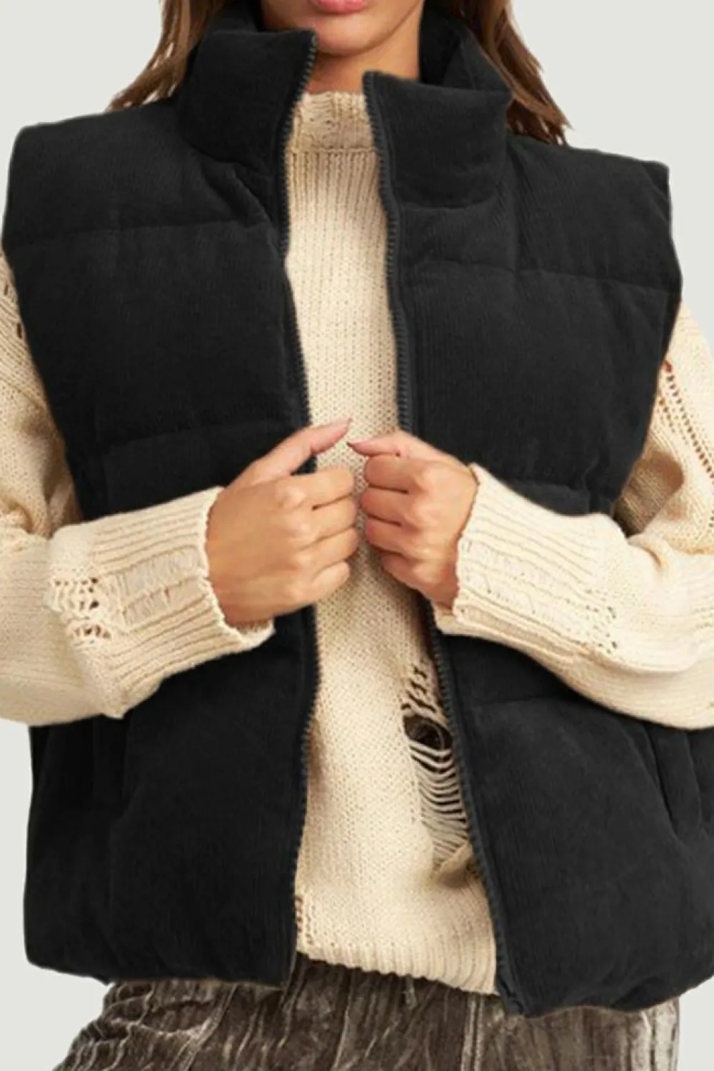 Best Dear-Lover Corduroy Stand Neck Zipped Puffer Vest Black