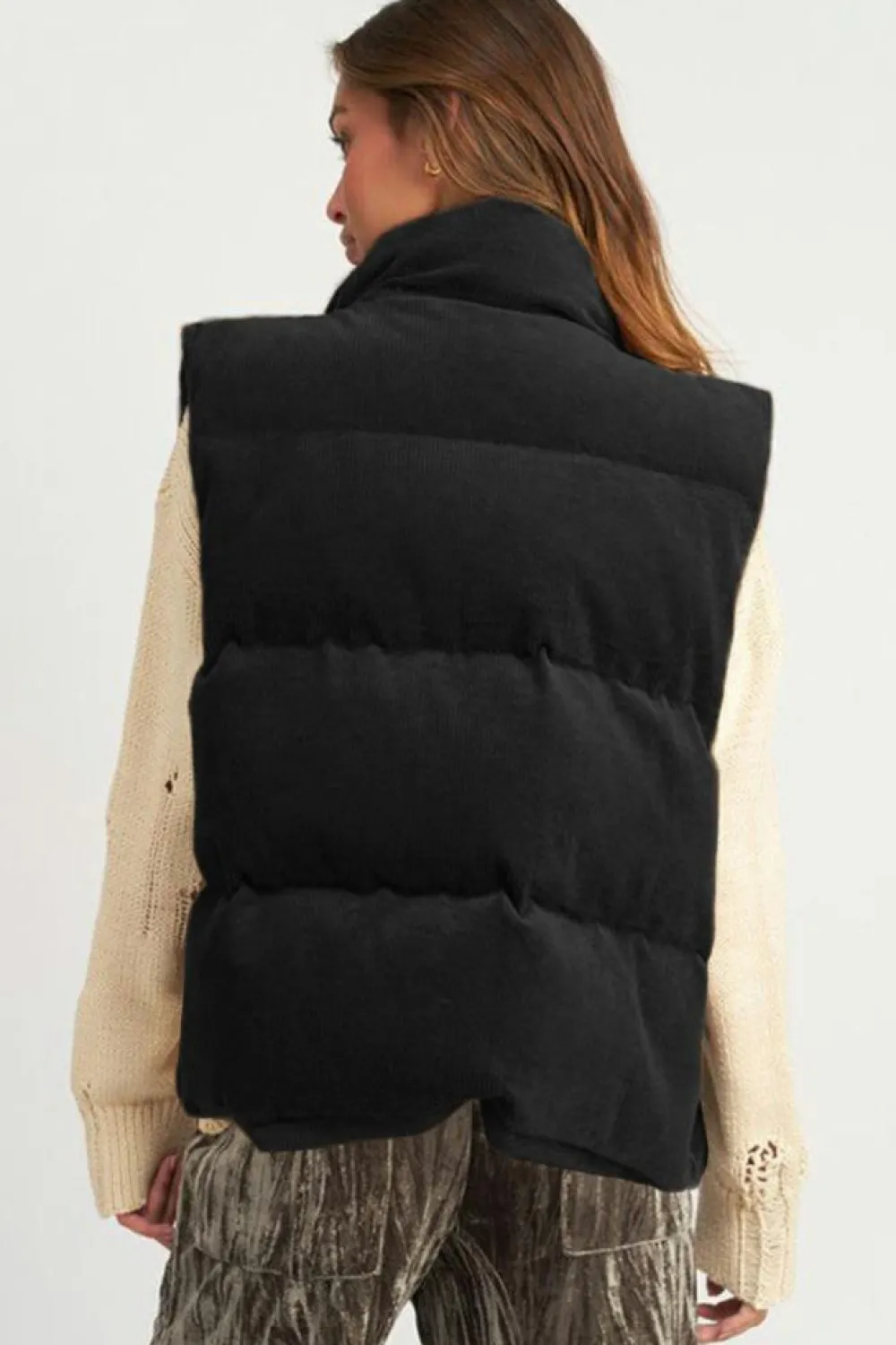 Best Dear-Lover Corduroy Stand Neck Zipped Puffer Vest Black