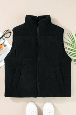 Best Dear-Lover Corduroy Stand Neck Zipped Puffer Vest Black