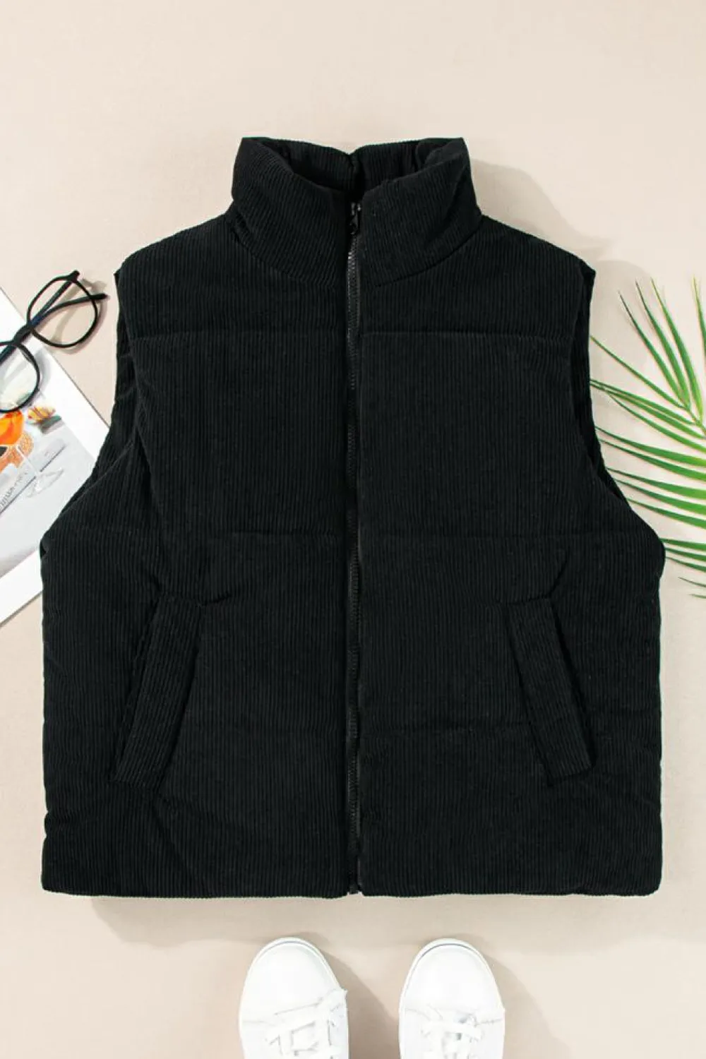 Best Dear-Lover Corduroy Stand Neck Zipped Puffer Vest Black