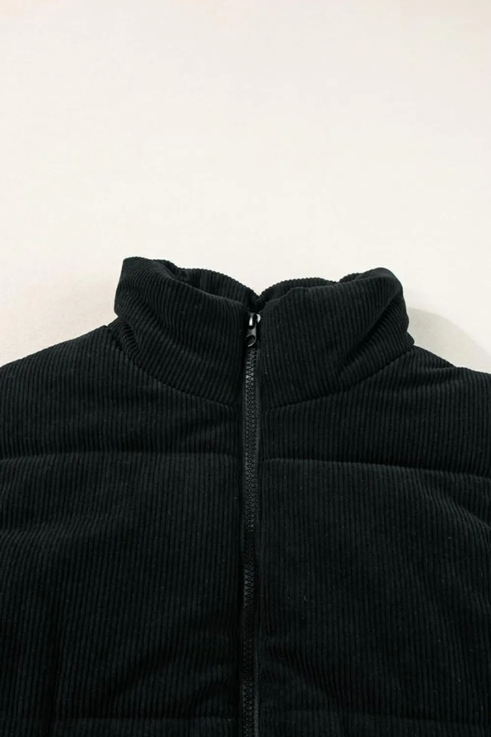 Best Dear-Lover Corduroy Stand Neck Zipped Puffer Vest Black