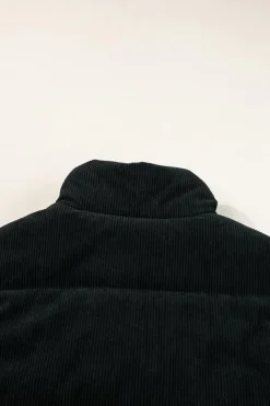 Best Dear-Lover Corduroy Stand Neck Zipped Puffer Vest Black