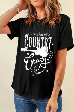 Clearance Dear-Lover Country Music Crazy Print Crew Neck T Shirt Black