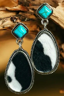 Sale Dear-Lover Cow Print Turquoise Drop Earrings Black