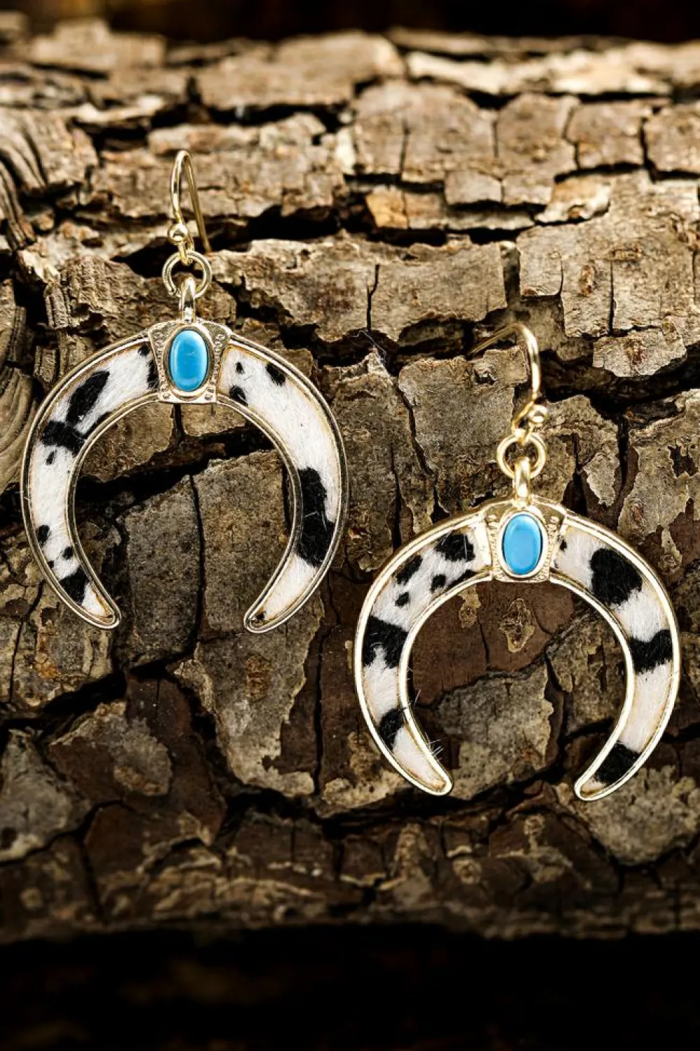 New Dear-Lover Cow Print Turquoise Inlay Crescent Shaped Dangle Earrings Black